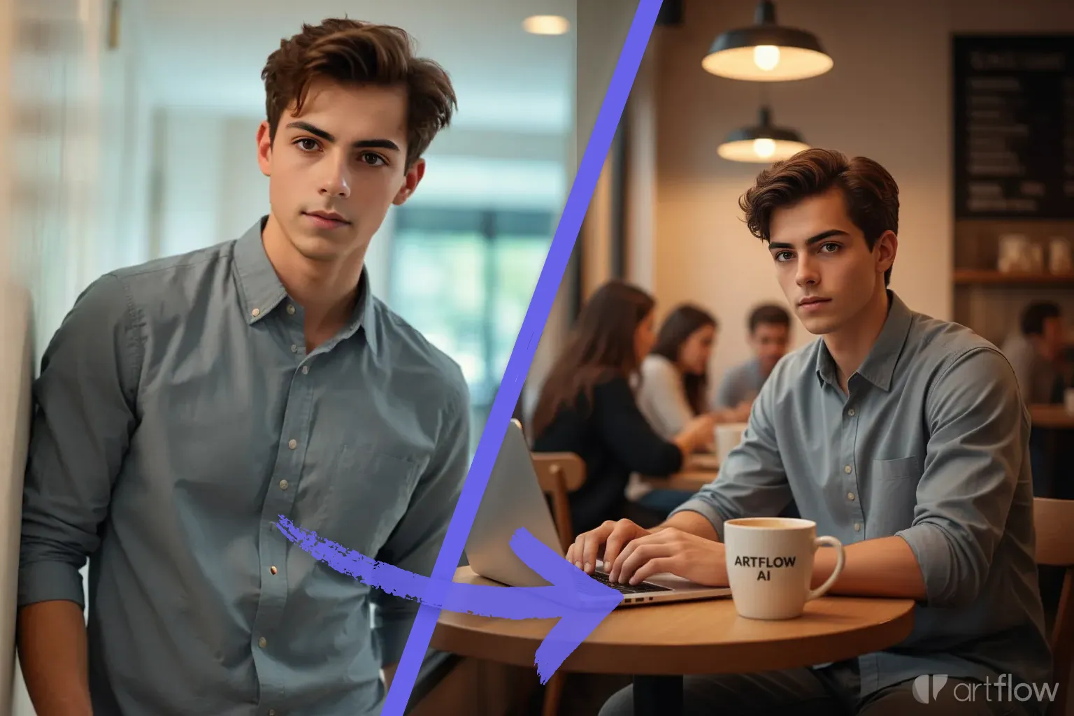 Artflow AI 图片不同场景编辑指令与人物融合教程